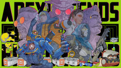 1other 3girls 5boys absurdres ambiguous_gender android apex_legends ash_(titanfall_2) ballistic_(apex_legends) battery blonde_hair bloodhound_(apex_legends) blue_bodysuit blue_eyes bodysuit braid brown_hair caustic_(apex_legends) ching_yeh clone colored_smoke commentary copyright_name crying d.o.c._health_drone dark-skinned_female dark_skin death_box_(apex_legends) english_commentary eye_trail eyeshadow facial_hair facial_scar fingerless_gloves first_aid fuse_(apex_legends) gloves goatee goggles goggles_on_head gun hair_behind_ear helmet highres hood hood_down hood_up hooded_bodysuit hooded_jacket humanoid_robot jacket light_trail lightning_bolt_symbol loba_(apex_legends) looking_to_the_side makeup mirage_(apex_legends) multiple_boys multiple_girls mustache nessie_(respawn) notice_lines octane_(apex_legends) official_art one-eyed open_hand orange_jacket parted_lips pathfinder_(apex_legends) r-99_smg rebreather red_eyes red_eyeshadow robot scar scar_on_cheek scar_on_face simulacrum_(titanfall) smirk smoke soul_patch stuffed_toy submachine_gun thumbs_up twin_braids wattson_(apex_legends) weapon white_gloves