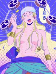 1girl absurdres blonde_hair blue_eyes bracelet cowboy_shot drum enel genderswap genderswap_(mtf) hat highres instrument jewelry long_earlobes long_hair mecuru_mecu navel one_piece open_mouth sidelocks solo topless_female