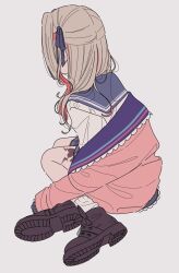 1girl black_shoes blue_sailor_collar blue_skirt brown_hair colored_inner_hair from_behind highres jacket kamatama_rom leg_tattoo long_hair makaino_ririmu makaino_ririmu_(4th_costume) miniskirt multicolored_hair nijisanji pink_hair pink_jacket platform_shoes pleated_skirt sailor_collar school_uniform serafuku shirt shoes simple_background sitting skirt solo tattoo two-tone_hair two_side_up virtual_youtuber white_background white_shirt winged_heart_tattoo yokozuwari