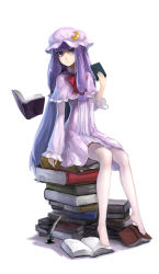 1girl absurdres blush book book_stack crescent female_focus full_body fuuko_chan hat highres inkwell long_hair long_sleeves looking_at_viewer patchouli_knowledge purple_eyes purple_hair quill simple_background sitting solo thighhighs touhou very_long_hair white_background white_thighhighs