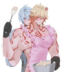 2boys anger_vein antenna_hair apron arm_tattoo black_choker black_gloves blonde_hair blue_eyes blush bow bowl braid chest_tattoo choker closed_eyes coat collarbone commentary covered_erect_nipples earrings facial_tattoo frilled_apron frills gloves gold_earrings grabbing_from_behind gradient_hair hair_between_eyes highres holding holding_bowl honkai:_star_rail honkai_(series) jewelry large_pectorals male_focus multicolored_hair multiple_boys muscular muscular_male mydei_(honkai:_star_rail) naked_apron pectoral_grab pectorals phainon_(honkai:_star_rail) pink_apron pink_bow red_hair red_tattoo short_hair side_braid simple_background sweatdrop symbol-only_commentary tattoo whisk white_background white_coat white_hair yaoi yoma_0_0