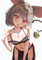 1girl absurdres animal_ears black_bra bra breasts closed_mouth commentary_request commission dancer highres leaning_forward looking_at_viewer mouse_ears mouse_girl mouse_tail navel nazrin pelvic_curtain ramuneru red_eyes short_hair simple_background skeb_commission small_breasts tail tongue tongue_out touhou underwear white_background