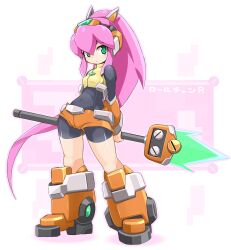 1girl alternate_costume armor armored_boots arms_behind_back bike_shorts bike_shorts_under_shorts black_bodysuit bodysuit boots breasts chest_jewel closed_mouth covered_navel gauntlets green_eyes hair_between_eyes hair_ornament hairband headgear headphones highres holding holding_polearm holding_weapon joints karukan_(monjya) long_hair long_sleeves looking_at_viewer mecha_musume mechanical_boots mega_man_(classic) mega_man_(series) mega_man_x_(series) orange_boots orange_shorts pink_hair polearm ponytail robot_joints roll_(mega_man) shorts sidelocks solo strapless turtleneck vest weapon
