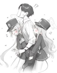 1boy 2girls absurdres armband blue_archive blush demon_tail eshineko fang halo hat highres hikari_(blue_archive) multiple_girls musical_note nozomi_(blue_archive) paper_on_head peaked_cap pointy_ears sensei_(blue_archive) siblings sisters skin_fang spot_color tail twins