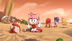 4girls amy_rose animal_ears blaze_the_cat broken_pillar closed_eyes e-123_omega ears_through_headwear eyewear_on_head feather_hair_ornament feathers fox_ears fox_tail gloves green_eyes hair_ornament hat holding holding_shovel joeadok knuckles_the_echidna looking_at_viewer mephiles_the_dark multiple_girls multiple_tails outdoors partially_buried princess_elise_the_third red_hair robot rouge_the_bat sand seiza shadow shadow_the_hedgehog shovel silver_the_hedgehog sitting sonic_(series) sonic_the_hedgehog sonic_the_hedgehog_(2006) standing sun_hat sunglasses tail tails_(sonic) telekinesis thumbs_up two_tails white_gloves
