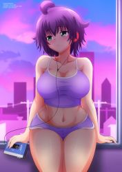 1girl absurdres arm_support blush breasts building cassette_player cityscape cleavage cloud collarbone green_eyes headphones highres holding house large_breasts looking_to_the_side midriff navel pole power_lines purple_hair purple_shirt purple_shorts purple_sky shirt short_hair shorts sitting sky skyscraper sony tank_top vaporwave walkman yukino_akaihi yukino_memories zel-sama