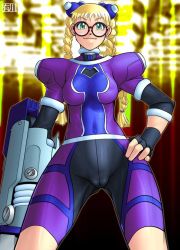 Rule 34 | area (arika), arika, arm cannon, bike shorts, blonde hair, bodysuit, braid, cameltoe, capcom, fingerless gloves, glasses, gloves, green eyes, hand on own hip, hip focus, qkat (arikawa-dou), skin tight, smile, street fighter, street fighter ex (series), twintails, weapon