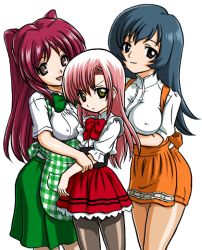 Rule 34 | 00s, 3girls, anna miller, apron, bandabekken, black eyes, black legwear, blue hair, breast envy, breasts, bronze parrot, brown eyes, covered erect nipples, crossover, hayate no gotoku!, itou shizuka, katsura hinagiku, kobeya uniform, kotona elegance, kousaka tamaki, large breasts, long hair, multiple girls, non-web source, orange skirt, pantyhose, pink hair, plaid apron, plaid clothes, red hair, see-through clothes, see-through legwear, skirt, to heart (series), to heart 2, voice actor connection, waitress, yellow eyes, zoids, zoids genesis