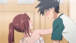 1boy 1girl animated assertive_female blue_eyes blush breasts brown_hair cleavage closed_eyes closed_mouth drooling french_kiss from_side hair_over_eyes half-closed_eyes hand_around_neck hand_on_another&#039;s_face heavy_breathing highres kiss kissxsis looking_at_another medium_breasts medium_hair pointy_hair ponytail saliva shirt short_hair sleeveless sleeveless_shirt sound suminoe_ako suminoe_keita sweat tagme tongue tongue_out video yellow_eyes