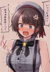 1girl ? anger_vein arrow_(symbol) asymmetrical_bangs asymmetrical_hair beret black_bow black_bowtie blue_eyes blush bow bowtie braid breasts brown_background brown_hair commentary cowlick ear_blush emphasis_lines green_eyes grey_hat grey_shirt hat highres hololive large_breasts looking_down mame_rakko multicolored_eyes official_alternate_costume oozora_subaru oozora_subaru_(work) open_mouth parted_bangs pinstripe_pattern pinstripe_shirt scowl shirt short_hair simple_background single_braid sleeveless sleeveless_shirt solo sound_effects speech_bubble star_(symbol) striped_bow striped_bowtie striped_clothes striped_shirt suspenders sweatdrop swept_bangs translated trembling upper_body v-shaped_eyebrows vertical-striped_clothes vertical-striped_shirt virtual_youtuber