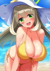 1girl absurdres beach bikini blue_archive blue_sky blush breasts brown_hair cleavage cloud green_eyes hair_between_eyes hat highres huge_breasts konoebi leaning_forward long_hair looking_at_viewer nonomi_(blue_archive) nonomi_(swimsuit)_(blue_archive) official_alternate_costume open_mouth sand sky sun_hat swimsuit water wet yellow_bikini