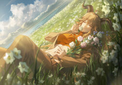 1girl animal_ears arknights blonde_hair blue_flower brown_jacket brown_pants closed_eyes closed_mouth cropped_shirt crossed_bangs degenbrecher_(arknights) field flower flower_field goat_ears goat_girl goat_horns green_flower hair_between_eyes helen_zzhao highres holding holding_flower horns jacket long_hair lying mountainous_horizon on_back orange_shirt pants pink_flower river shirt sidelocks solo turtleneck turtleneck_shirt white_flower