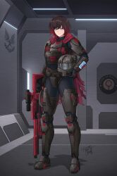 Rule 34 | 1girl, absurdres, armor, assault rifle, black hair, grey eyes, gun, halo (game), helmet, highres, holding, holding helmet, multicolored hair, power suit, red hair, rifle, ruby rose, rwby, science fiction, spartan (halo), unworn headwear, unworn helmet, weapon