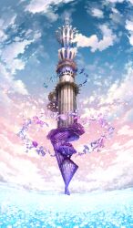architecture blue_flower blue_sky cloud cloudy_sky commentary fate/grand_order fate_(series) field floating floating_building flower flower_field gradient_sky lasengle light_particles no_humans official_art pink_sky scenery sky still_life third-party_source tower