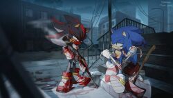 2boys absurdres applying_bandages axe bandages blood blood_on_face blood_on_hands bloody_bandages building cigarette city cloud commission first_aid_kit furry furry_male gloves green_eyes gun half-closed_eyes hedgehog_boy highres holding holding_gun holding_weapon male_focus mouth_hold multiple_boys outdoors pill_bottle railing red_eyes shadow_the_hedgehog shoes sitting sky smoke smoking sonic_(series) sonic_the_hedgehog stairs standing sweat teeth_hold unneul weapon white_gloves