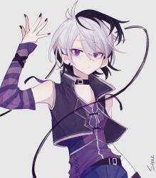 Rule 34 | 1girl, androgynous, antenna hair, arm at side, arm up, artist name, bandaged arm, bandages, bare shoulders, belt, black belt, black choker, black hair, black jacket, black nails, blue pants, breasts, choker, chromatic aberration, closed mouth, colored inner hair, commentary, cross-laced clothes, cross-laced top, double-parted bangs, earrings, flower (vocaloid), flower (vocaloid4), grey background, hair between eyes, highres, jacket, jewelry, light frown, looking at viewer, multicolored hair, nail polish, open clothes, open jacket, pants, purple arm warmers, purple eyes, purple shirt, shai61384166010, shirt, simple background, single earring, sleeveless, sleeveless jacket, sleeveless shirt, small breasts, solo, streaked hair, striped arm warmers, sweatdrop, symbol-only commentary, two-tone hair, upper body, v-neck, vocaloid, white hair