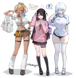Rule 34 | 3girls, ;d, ?, absurdres, backpack, bag, bandaid, bandaid on leg, black boots, black ribbon, black skirt, blonde hair, blue buruma, blue eyes, blue hair, blush, boots, bow, bracelet, breasts, brown shoes, brown skirt, buruma, cleavage, commentary, crop top, cropped shirt, dark-skinned female, dark skin, fang, front-tie top, full body, gradient hair, gyaru, gym uniform, hair between eyes, hair bow, hair ornament, hair over one eye, hairclip, hands up, heart, highres, jewelry, knee boots, kneehighs, large breasts, long hair, long sleeves, looking at viewer, medium hair, midriff, miniskirt, multicolored hair, multiple girls, multiple thigh straps, navel, neck ribbon, one eye closed, open mouth, original, parted lips, pink hair, pink sweater, plaid clothes, plaid skirt, pleated skirt, polka dot, polka dot bow, ponytail, purple eyes, purple hair, red bow, renberry77, ribbon, school bag, school uniform, shirt, shoes, short sleeves, simple background, skin fang, skindentation, skirt, smile, socks, spoken question mark, standing, sweat, sweater, thigh strap, thighhighs, twitter username, two-tone hair, two side up, white background, white bow, white shirt, white shoes, white socks, white thighhighs, wing collar, wing hair ornament, x hair ornament, yellow bow, yellow eyes