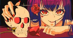 1girl arm_on_table artdroiiid_ii black_background closed_mouth commentary double-parted_bangs english_commentary eyelashes fingernails flower glitch hair_flower hair_in_own_mouth hair_ornament hair_over_shoulder heart_sticker holding holding_skull long_fingernails long_hair long_sidelocks looking_at_viewer nail_polish original profile purple_hair red_eyes red_flower red_lips red_nails red_rose rose sidelocks simple_background skull smile solo sticker_on_face straight_hair