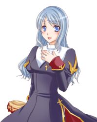 1girl black_dress blood blue_eyes blue_hair blush breasts commentary_request cowboy_shot cross cross_necklace dress garter_straps hiruankou holding jewelry juliet_sleeves long_hair long_sleeves looking_at_viewer lowres medium_breasts necklace open_mouth priest_(ragnarok_online) puffy_sleeves ragnarok_online side_slit simple_background smile solo white_background