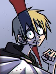 1boy aqua_eyes black_hoodie blonde_hair blood blood_on_face blood_on_hands blue_hair chromatic_aberration clenched_teeth clothes_grab colored_eyelashes constricted_pupils date-mego delinquent deuce_spade ear_piercing earrings grey_background hair_between_eyes highres hood hood_down hoodie incoming_attack incoming_punch jewelry looking_at_viewer male_focus multiple_piercings multiple_rings piercing pinky_ring portrait pov punching raised_eyebrow raised_inner_eyebrows red_background revealing_layer ring shirt_grab short_hair slit_pupils solo_focus stud_earrings teeth twisted_wonderland wide-eyed