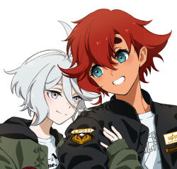 2girls black_jacket blue_eyes commentary dark-skinned_female dark_skin english_commentary green_jacket grey_eyes grin gundam gundam_suisei_no_majo highres himmel_(keine_haare) holding_own_arm jacket jewelry miorine_rembran multiple_girls red_hair ring shirt short_hair simple_background smile suletta_mercury thick_eyebrows wedding_ring white_background white_hair white_shirt wife_and_wife yuri