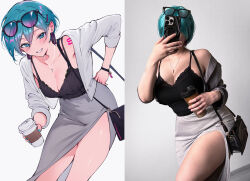 absurdres aged_up aqua_eyes aqua_hair arm_tattoo art_vs_artist bag black-framed_eyewear black_bra black_camisole blush bra breasts camisole cardigan cellphone cleavage collarbone commentary_request cup disposable_cup double-parted_bangs earrings eyewear_on_head fingernails glasses grey_skirt hatsune_miku highres holding holding_cup holding_phone jewelry lace lace-trimmed_bra lace_trim large_breasts looking_at_viewer nail_polish necklace number_tattoo phone qiandaiyiyu ribbed_camisole short_hair shoulder_bag simple_background skirt smile tattoo tinted_eyewear underwear vocaloid white_cardigan