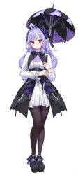 1girl absurdres ahoge artist_name black_pantyhose black_shoes breasts commentary dress english_commentary full_body highres holding holding_umbrella long_hair looking_at_viewer mole mole_under_eye nyayuu96 pantyhose pointy_ears purple_hair red_eyes shoes simple_background solo umbrella vivian_banshee white_background white_dress zenless_zone_zero
