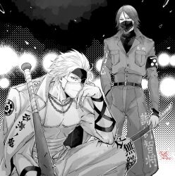 Rule 34 | 2boys, adam&#039;s apple, ango (f ango), armband, baseball bat, belt, chain, chain necklace, chousokabe motochika (sengoku basara), dated, delinquent, eyepatch, greyscale, hair between eyes, holding, holding sword, holding weapon, jacket, jacket on shoulders, jewelry, male focus, mask, monochrome, mouri motonari (sengoku basara), mouth mask, multiple boys, nail, nail (hardware), nail bat, necklace, pectorals, sengoku basara, short hair, signature, squatting, sword, weapon