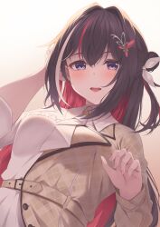 1girl ascot azki_(4th_costume)_(hololive) azki_(hololive) bankerou blush brown_hair brown_jacket collared_dress colored_inner_hair commentary_request double-parted_bangs dress facial_mark gradient_background hair_intakes hair_ornament hairclip half_updo hand_in_own_hair highres hololive jacket long_hair looking_at_viewer mole mole_under_eye multicolored_hair nail_polish official_alternate_costume open_mouth orange_background pink_hair pink_nails ponytail purple_eyes short_ponytail sidelocks smile solo streaked_hair tucking_hair upper_body very_long_hair virtual_youtuber white_ascot white_dress white_hair