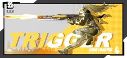 1girl blonde_hair clear_water english_text eye_mask fingerless_gloves firing gloves gun highres holding holding_gun holding_weapon jacket long_hair official_art official_wallpaper pants ponytail rifle scarf scope shoes sniper_rifle solo trigger_(zenless_zone_zero) weapon zenless_zone_zero