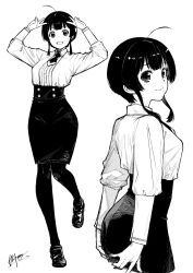 Rule 34 | ahegao, black eyes, black hair, black pantyhose, black skirt, black torch (takaki tsuyoshi), breasts, dress shirt, dress shoes, full body, grabbing own ass, high-waist skirt, highres, looking at viewer, necktie, pantyhose, pencil skirt, shirt, short hair, signature, simple background, skirt, smile, takaki tsuyoshi, text background, usami hana, white shirt