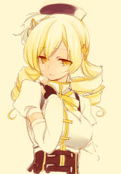 10s 1girl ask02 beret blonde_hair corset drill_hair female_focus fingerless_gloves gloves hat highres magical_girl mahou_shoujo_madoka_magica mahou_shoujo_madoka_magica_(anime) mahou_shoujo_madoka_magica_movie_1_&amp;_2 simple_background solo tomoe_mami tomoe_mami_(magical_girl) twin_drills yellow_eyes