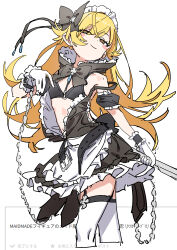 1girl absurdres apron bikini black_bikini blonde_hair flat_chest garter_straps haruyuki_(gffewuoutgblubh) highres long_hair maid maid_apron maid_headdress monogatari_(series) odaibako oshino_shinobu simple_background smile swimsuit thighhighs white_background white_thighhighs yellow_eyes