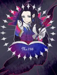 1boy ahoge alternate_color ascot black_hair black_jacket black_wings blue_ascot book brooch buttoned_cuffs buttons closed_mouth cropped_torso earrings feather_trim feathered_wings floating_earrings frilled_sleeves frills gen_7_pokemon gloves gradient_ascot gradient_clothes green_eyes grey_background head_rest highres holding holding_quill jacket jewelry lollypopcandy8050 male_focus multicolored_jacket nintendo open_book pale_skin parted_bangs personification pink_ascot pokedex_number pokemon ponytail purple_ascot quill shiny_pokemon shirt sleeve_cuffs smile solo sunburst toucannon two-tone_jacket white_gloves white_jacket white_shirt wings