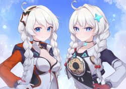 2girls absurdres ahoge black_choker black_shirt blue_eyes bodysuit braid breasts bright_pupils choker collarbone commentary_request cropped_jacket hairband hand_on_own_hip highres honkai:_nexus_anima honkai_(series) honkai_impact_3rd jacket kiana_kaslana kiana_kaslana_(honkai:_nexus_anima) kiana_kaslana_(white_comet) long_hair multiple_girls multiple_persona open_clothes open_jacket orange_sleeves outdoors revision rinna_(xxrinna) shirt smile star-shaped_pupils star_(symbol) symbol-shaped_pupils twin_braids white_bodysuit white_hair white_jacket white_pupils