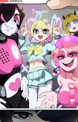 :3 absurdres ame-chan_(needy_girl_overdose) artist_name blonde_hair blue_eyes blue_shirt blue_skirt bongfill character_counter_request character_request chouzetsusaikawa_tenshi-chan crossover gradient_hair group_picture highres horns memcho miniskirt miss_heed multicolored_hair navel needy_girl_overdose oshi_no_ko pink_hair pleated_skirt purple_hair shirt skirt two-tone_hair undertale villainous virtual_youtuber
