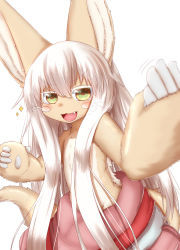 1other :3 animal_ears animal_hands beckoning blush blush_stickers body_fur brown_eyes brown_fur colored_eyelashes cowboy_shot fang fighting_stance furry green_eyes hands_up happy highres horizontal_pupils horokusa_(korai) long_hair looking_at_viewer made_in_abyss motion_lines multicolored_eyes multicolored_pants nanachi_(made_in_abyss) open_mouth other_focus pants pouch puffy_pants sidelocks simple_background smile solo sparkle standing tail topless_other two-tone_fur v-shaped_eyebrows very_long_hair whiskers white_background white_fur white_hair