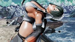 1girl 3d apron ass black_hair black_leotard breasts butterfly_swords defeat falling highleg highleg_leotard highres holding holding_weapon huge_ass iroha_(samurai_spirits) large_breasts leotard lips maid maid_headdress moaning nature ryona samurai_spirits screencap shiny_skin short_hair skindentation solo thighhighs third-party_edit thong_leotard weapon wide_hips