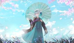 1girl absurdres alternate_costume black_hairband black_kimono blue_butterfly blue_pupils blue_sky bug butterfly cherry_blossoms commentary_request day firefly_(honkai:_star_rail) floral_print green_skirt green_umbrella grey_hair hairband hakama hakama_skirt highres holding holding_umbrella honkai:_star_rail honkai_(series) insect japanese_clothes kimono long_hair long_skirt long_sleeves nei1122 oil-paper_umbrella open_mouth outdoors purple_eyes skirt sky solo standing umbrella wide_shot wide_sleeves