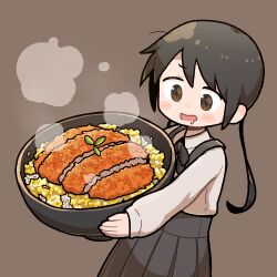1girl black_ribbon blush_stickers bowl brown_background brown_eyes brown_hair collared_shirt commentary_request drooling egg_(food) food grey_skirt highres holding holding_bowl katsu_(food) katsudon_(food) long_hair long_sleeves neck_ribbon open_mouth original pleated_skirt ribbon rice scrambled_egg shirt simple_background skirt sleeves_past_wrists smile solo steam suspender_skirt suspenders takurada white_shirt