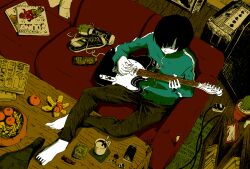 1boy amplifier barefoot black_hair cellphone coffee coffee_mug cup electric_guitar fender_musical_instruments_corporation fender_telecaster guitar instrument iphone male_focus mug music original phone playing_instrument shoes short_hair smartphone sneakers yuroy_kawano