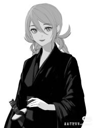1girl ai_the_somnium_files braid closed_mouth greyscale hair_between_eyes highres japanese_clothes kimono looking_at_viewer low_twin_braids monochrome natsunoren okiura_mizuki sash simple_background smile solo twin_braids watermark wide_sleeves xiaohongshu_watermark