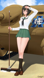 1girl absurdres arm_up artist_name black_hair black_neckerchief black_socks blue_sky broom brown_shoes cloud commentary commission emblem full_body girls_und_panzer green_skirt highres holding holding_broom jagdpanzer_38(t) kawashima_momo loafers long_sleeves looking_at_viewer medium_hair military_vehicle monocle motor_vehicle neckerchief ooarai_(emblem) ooarai_school_uniform oslight outdoors pleated_skirt sailor_collar school_uniform shirt shoes short_hair skirt sky smile soap_bubbles socks solo standing tank variant_set white_sailor_collar white_shirt