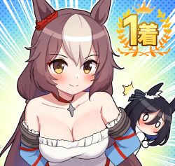 0_0 2girls ^^^ animal_ears arms_behind_back bare_shoulders black_hair blush breasts brown_eyes brown_hair chibi cleavage closed_mouth collarbone commentary_request dress eishin_flash_(umamusume) emphasis_lines frilled_dress frills hair_between_eyes highres horse_ears looking_at_viewer medium_breasts multicolored_hair multiple_girls smile strapless strapless_dress takiki trait_connection two-tone_hair umamusume white_dress white_hair yamanin_zephyr_(umamusume)