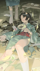 2girls absurdres ahoge araragi_tsukihi black_hair drooling dual_persona egg_(food) egg_hair_ornament egg_yolk food food-themed_hair_ornament food_on_body food_on_face green_kimono hair_ornament hair_spread_out hand_mirror highres holding holding_mirror indoors japanese_clothes kimono long_hair lying mirror monogatari_(series) mouth_drool multiple_girls obi omurice_(304975636) on_back open_mouth print_kimono raining_food red_sash reflection sash sleeping socks table torn_clothes torn_kimono very_long_hair wide_sleeves yukata
