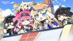 1boy 3girls abby_(wuthering_waves) absurdres armlet armor black_gloves black_hair black_jacket blue_eyes blue_sky breastplate breasts cartethyia_(wuthering_waves) chibi chibi_only colored_inner_hair commentary crown_of_thorns day dual_persona earrings english_commentary female_rover_(wuthering_waves) gloves grey_shirt hair_between_eyes hair_ornament hair_ribbon hairband hairclip hand_up highres jacket jewelry logo long_hair lupa_(wuthering_waves) male_rover_(wuthering_waves) medium_breasts metal_hairband multicolored_hair multiple_girls official_art open_mouth outdoors parallel_hairclips parted_lips pink_hair pointy_ears red_pupils ribbon rover_(wuthering_waves) shirt sky smile tabard tacet_mark_(wuthering_waves) triangle_earrings white_tabard wuthering_waves yellow_eyes yellow_ribbon