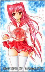 Rule 34 | 1girl, blush, breasts, brown eyes, kousaka tamaki, large breasts, long hair, long sleeves, looking at viewer, marker (medium), navel, nightmare77zx, pleated skirt, red hair, school uniform, serafuku, skirt, smile, solo, thighhighs, to heart (series), to heart 2, traditional media, twintails, underwear, white thighhighs