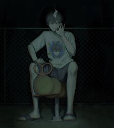 Rule 34 | 1boy, :o, antenna hair, black hair, black sandals, black shorts, chain-link fence, character print, cigarette, clothes writing, crossed bangs, dark, dark background, feet, fence, hair between eyes, hand up, hashtag-only commentary, highres, holding, holding cigarette, looking at viewer, male focus, night, nijisanji, npa (hmp), official alternate costume, open mouth, outdoors, print shirt, purple eyes, saiki ittetsu, saiki ittetsu (2nd costume), sandals, self character print, shirt, short hair, short sleeves, shorts, sitting, slides, smoke, smoking, solo, spring rider, t-shirt, toes, virtual youtuber, white shirt