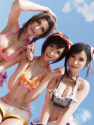 3d 3girls aerith_gainsborough aerith_gainsborough_(pink_mermaid) arm_up armpits bikini bikini_shorts bikini_skirt billyhhyb black_hair blue_sky bow_hairband bracelet breasts brown_hair cloud day final_fantasy final_fantasy_vii final_fantasy_vii_rebirth final_fantasy_vii_remake flower hair_flower hair_ornament hairband hands_up highres jewelry large_breasts looking_at_viewer medium_breasts multiple_girls navel outdoors short_hair shorts sky smile stomach swimsuit tifa_lockhart tifa_lockhart_(shining_spirit) yuffie_kisaragi