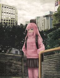 1girl a9x3 backpack bag black_skirt bocchi_the_rock! building chain-link_fence cloud cloudy_sky commentary day fence gotoh_hitori grey_eyes grey_sky highres jacket long_sleeves outdoors painterly pants pink_hair pink_jacket pink_pants scenery skirt sky skyscraper solo tree turtleneck turtleneck_jacket urban